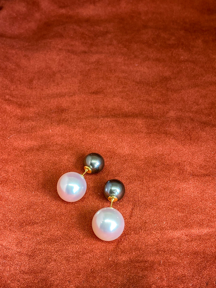 Tahitian Pearl with White South Sea Pearl Backpush 18K Gold Stud Earrings