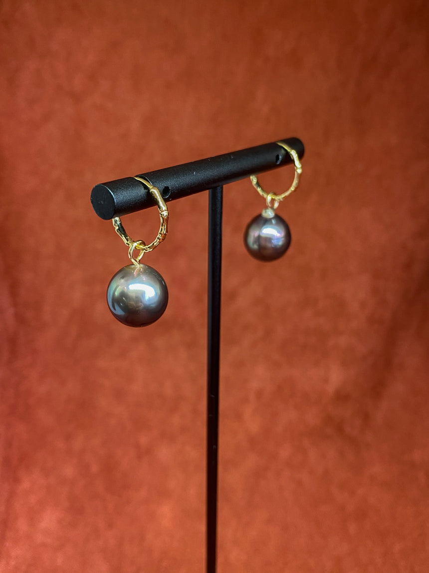 Tahitian Pearl 18K Gold Bamboo Hoop Earrings